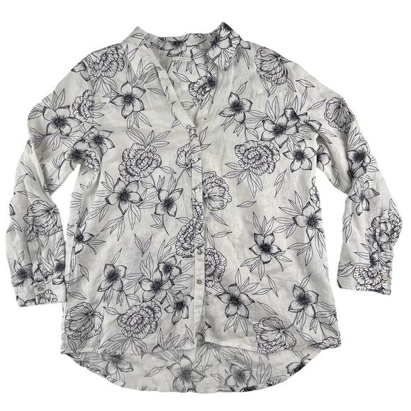 LIV | Rachel Zoe Plus Size 2X 100% Linen White Navy Blue Floral Button Up Shirt - Picture 1 of 7